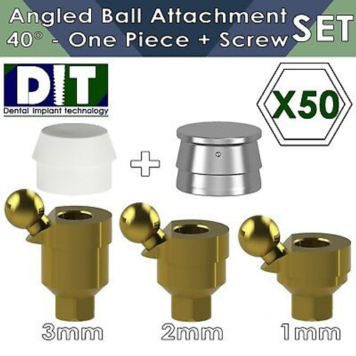 50 X Dental Implant One Piece Ball Attachment Angled 40?? Set + Screw - 2.42 Hex