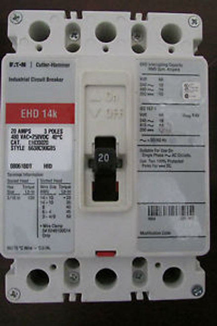 CUTLER HAMMER WESTINGHOUSE Industrial Circuit Breaker EHD3020 480VAC 20 AMPS