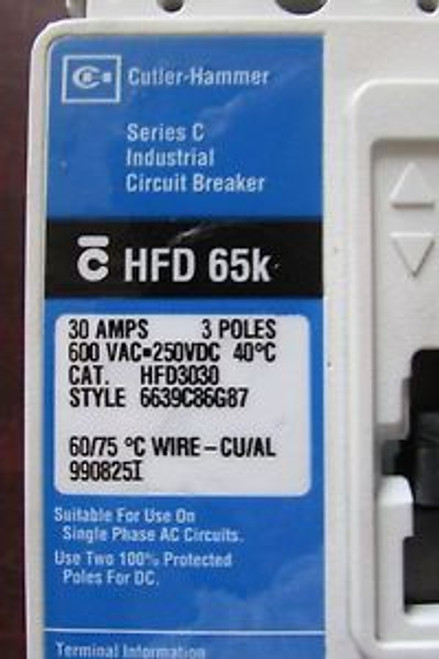 CUTLER HAMMER WESTINGHOUSE Industrial Circuit Breaker HFD3030 600VAC 30 AMPS