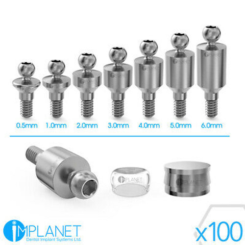 100 X Titanium Ball Attachment Set Abutment Metal Silicon Cap For Dental Implant