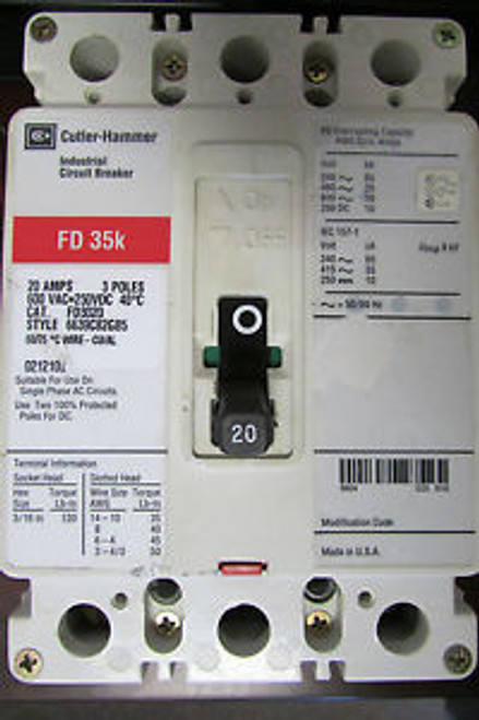 EATON CUTLER HAMMER Industrial Circuit Breaker FD3020 600VAC/250VDC 20 AMPS 3P