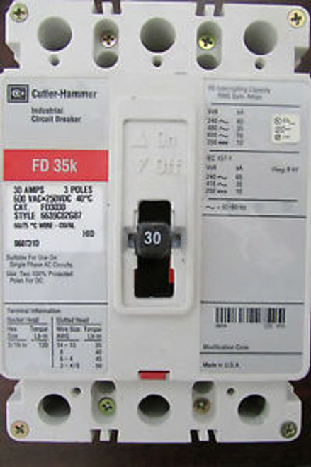 EATON CUTLER HAMMER Industrial Circuit Breaker FD3030 600VAC/250VDC 30 AMPS
