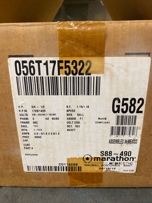 Marathon Motors, G582, 056T17F5322, 3/4-1/2Hp, 1800Rpm, 208-230/460V, 3Ph, 56C Fr, Tefc