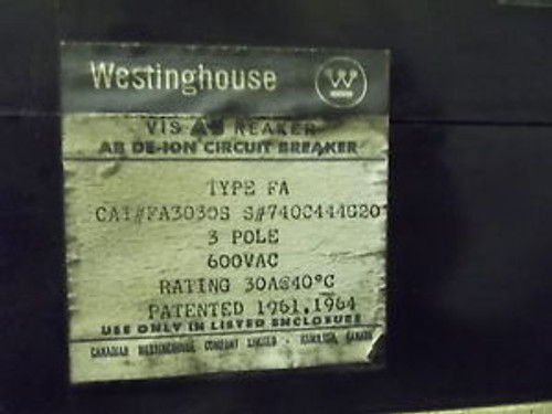 FA3030S 30A 600V Westinghouse Visabreaker AB De-Ion Circuit Breaker