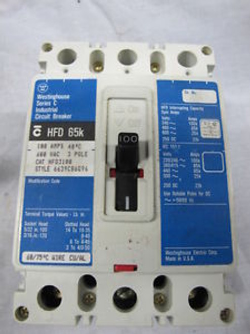 Westinghouse HFD3100 3 POLE 100 AMP 600 VOLT Circuit Breaker