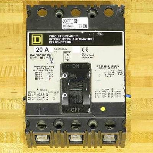 Square D FAL360201380 Circuit Breaker, 20 Amp, Shunt Trip, Aux Switch, Used