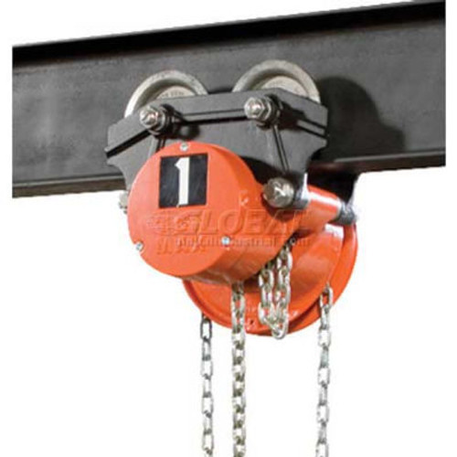 CM Cyclone Hand Chain Hoist on Low Headroom Geared Trolley, 2 Ton, 15 Ft. Lift