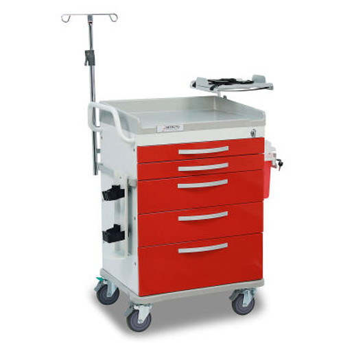 Detecto ® Loaded Whisper Series Emergency Crash Cart, White Frame with 5 Red Drawers