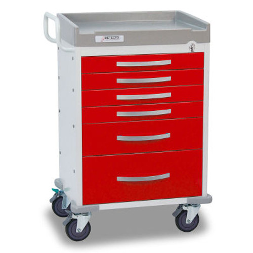 Detecto ® Rescue Series Emergency Room Medical Cart, White Frame with 6 Red Drawers