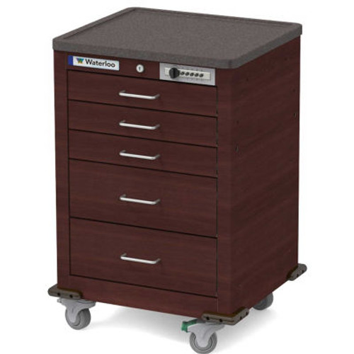 Waterloo Healthcare 5-Drawer Steel Junior Short Medical Bedside Cart, Push Button Lock, Cherry