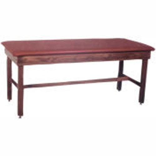 Wooden Treatment Table with H-Brace, Blue Upholstery, Natural Frame, 78 "L x 30 "W x 30 "H