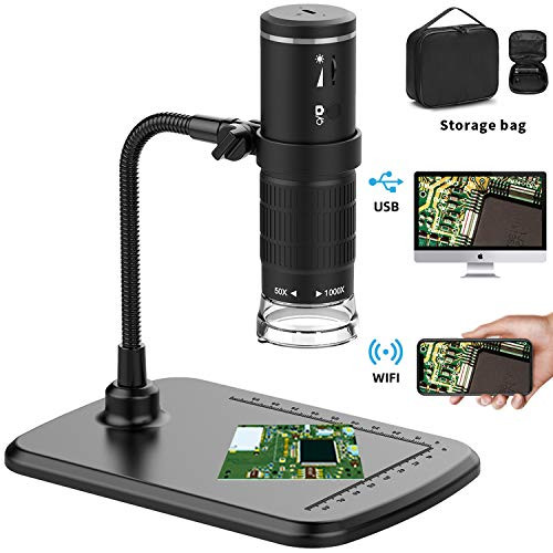 Wireless Digital Microscope, Upgraded 50X to 1000X WiFi USB Microscope Camera 1080P FHD 2.0 MP 8 LED Light with Stand & Carrying Bag Compatible with Android and iOS Smartphone or Tablet, Windows Mac