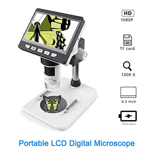 LCD Digital Microscope 4.3 inch 50X-1000X Magnification Zoom 1080P Microscope Camera with 2600mAh Rechargeable Battery Handheld USB Microscope 8 Adjustable LED Light for Children, Lab, Plant (White)