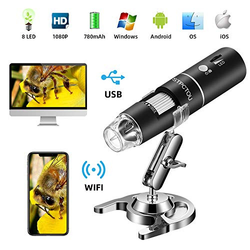 STPCTOU Wireless Digital Microscope 50X-1000X 1080P Handheld Portable Mini WiFi USB Microscope Camera with 8 LED Lights for iPhone/iPad/Smartphone/Tablet/PC