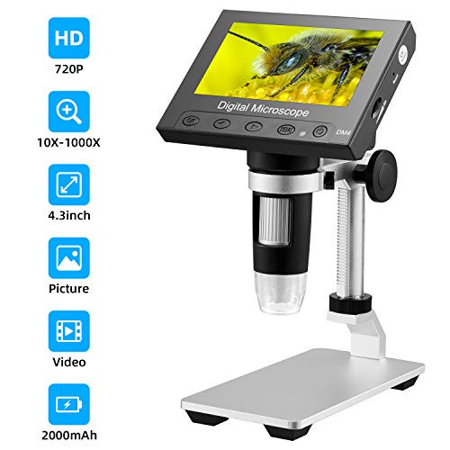 STPCTOU LCD Digital USB Microscope 4.3 Inch 10X-1000X Magnification Zoom, 8 LED Adjustable Light, Rechargeable Lithium Battery Camera Video Recorder for Phone Repair Soldering Tool Children Lab Edu
