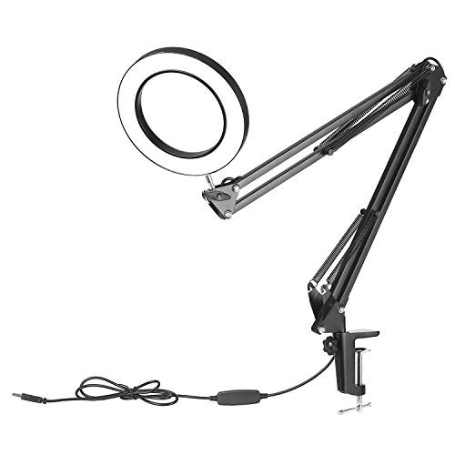KKmoon Desk Lamp Magnifier, Lighting LED 5X Magnifying Lamp with Clamp Hands Free Magnifying Glass Desk Lamp Adjustable Swivel Arm USB-Powered Lamp Magnifier LED Lamp with Magnifier 3 Modes Dimmable