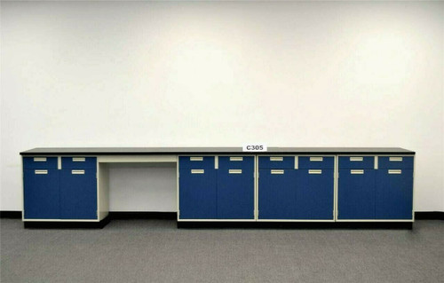 15' Laboratory Blue Cabinets w/ Counter Tops & Desk Area / E1-012