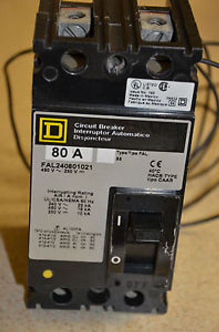 SQUARE D CIRCUIT BREAKER, FAL240801021, 80 AMP, 480 VOLT, 2 POLE - USED