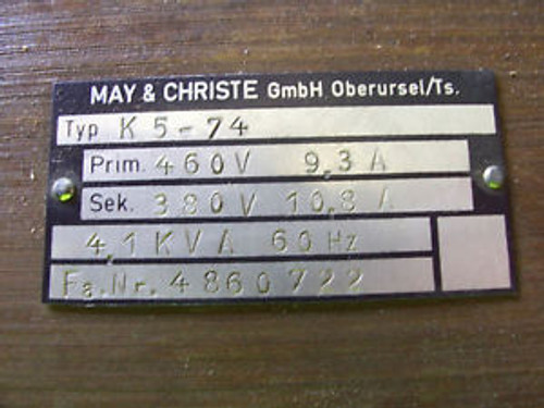 May & Christe Typ K5 74 P 4.1 Kva 60 Hz 460 Pri-380 Sec