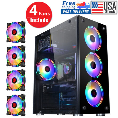 4Fans+Gaming Pc Computer Case Pc Atx Mid-Tower  Tempered Glass Atx/Matx/Itx Case