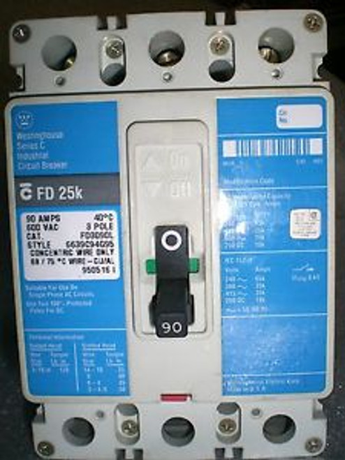 USED WESTINGHOUSE FD3090L 90A 3P 600V CIRCUIT BREAKER