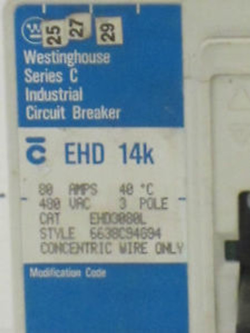 WESTINGHOUSE EHD3080L 3 Pole 80 Amp 480 Volt Circuit Breaker
