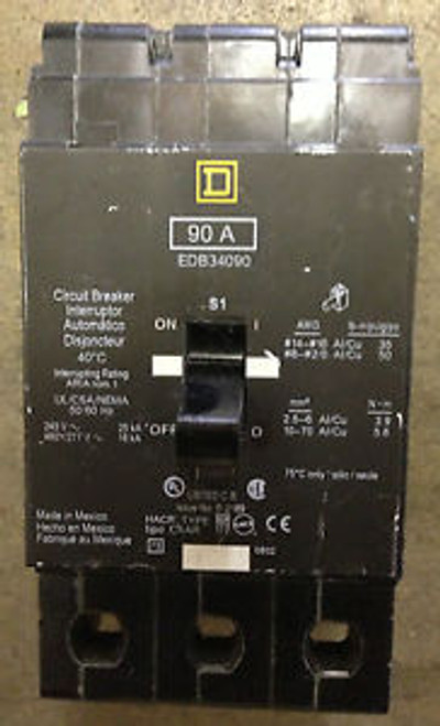 SQUARE D EDB34090 CIRCUIT BREAKER 3 POLE 90 AMP 480 VOLT 18 AIC RATED USED