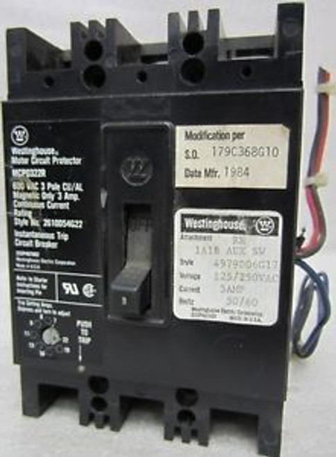 WESTINGHOUSE  MCP0322R  600 VAC  3 Amp  3 Pole CIRCUIT BREAKER w/ AUX switch