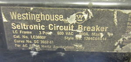 WESTINGHOUSE 600A 3POLE 600VAC ADJ TRIP SELTRONIC CIRCUIT BREAKER LC3600F