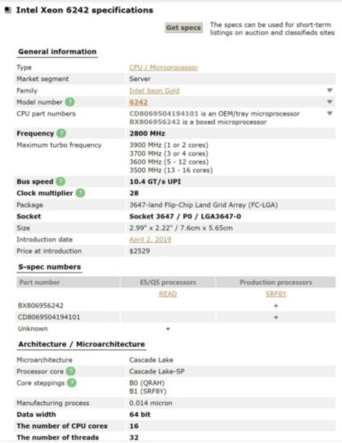 Intel Xeon Gold 6242 Qs Qpjw Qpk3 16C 2.8Ghz 3.5/3.9Ghz 22Mb 150W Lga3647 Ddr4