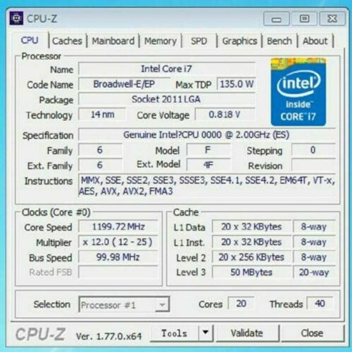 Intel Xeon E5-2698 V4 Es Qhuz 2.0Ghz 20 Core 50Mb Lga 2011-3 Cpu Processor