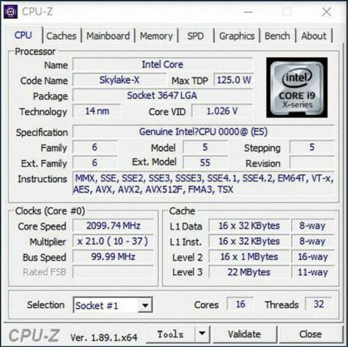 Intel Xeon Gold 5218 Es Qq8M 16C 2.1Ghz Lga3647 125W Cascade Lake Similar 5218T