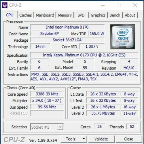 Intel Xeon Platinum 8170 Qs Qmqc Qmad 26C 2.1Ghz 35.75Mb 165W Lga3647 Ddr4