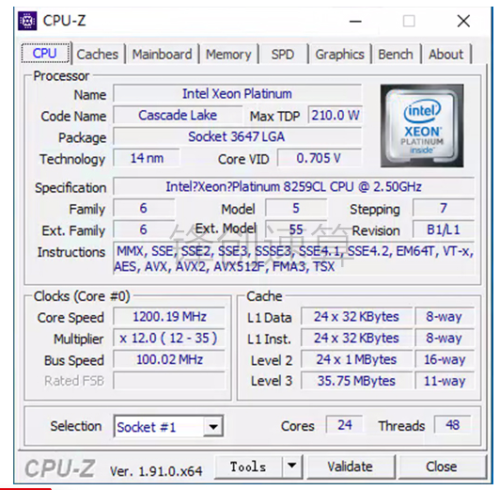 Intel Xeon Srfa8 Platinum 8259Cl 8259L 24C 2.5G Cpu Retail Version Same As 8260