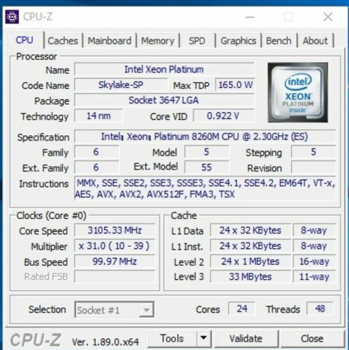 Intel Xeon Platinum 8260M Qs Qpkd 24C 2.4Ghz 35.75Mb 165W Lga3647 8260 8260L