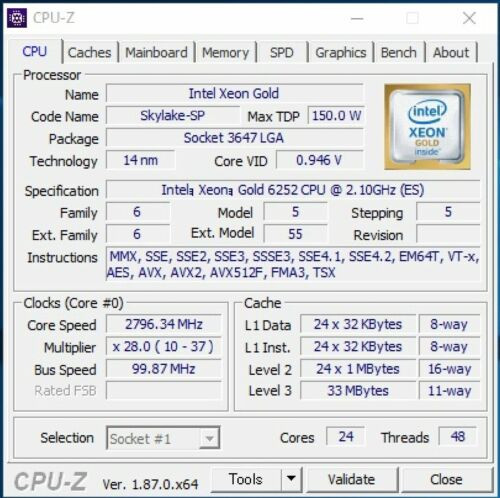 Intel Xeon Gold 6252 Qs Qpk9 24C 2.1Ghz 2.8/3.7Ghz 35.75Mb 150W Lga3647 Ddr4