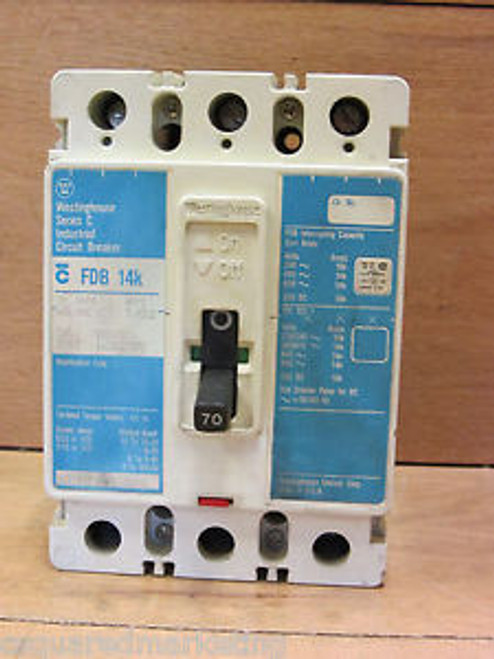 Westinghouse FDB3070 FDB 14k 70Amp 600VAC 3 Pole Industrial Circuit Breaker CSQ Westinghouse FDB3070 FDB 14k 70Amp 600VAC 3 Pole Industrial Circuit Breaker CSQ