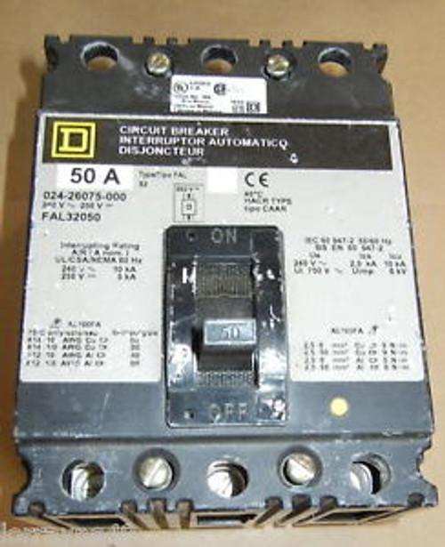 Square D Circuit Breaker 50A Type FAL32050 3 Pole USED