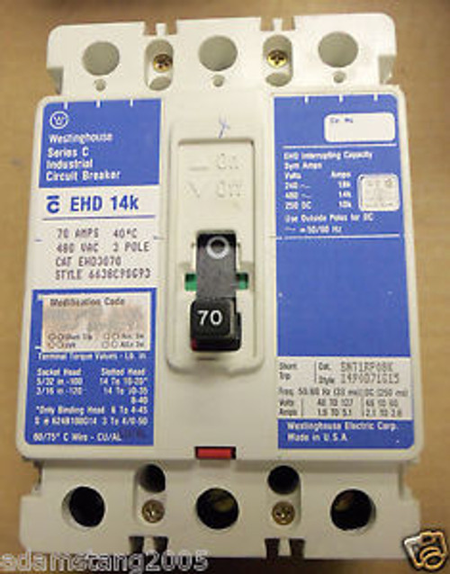 Westinghouse EHD EHD3070 70 Amp 3 pole Circuit Breaker Blue