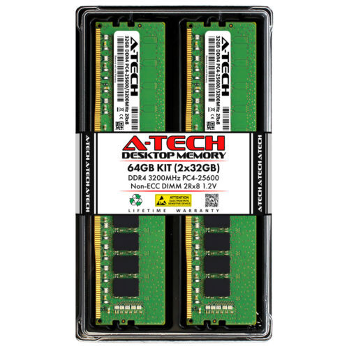 A-Tech 64Gb 2X 32Gb Pc4-25600 Desktop Ddr4 3200 Non-Ecc Dimm 288-Pin Memory Ram