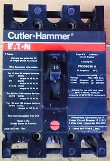 Circuit Breaker Cutler Hammer FS320030A 30 Amp 3 Pole 240 VAC