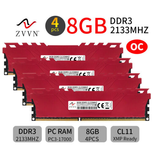 Zvvn 32Gb 4X 8Gb Ddr3 Oc 2133Mhz Pc3-17000U 240Pin Desktop Gaming Memory Ram Red