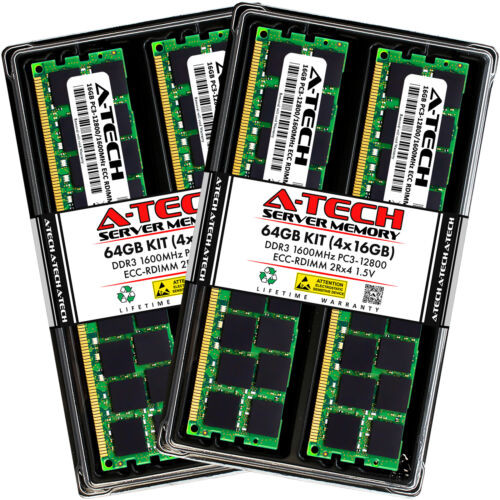 A-Tech 64Gb 4X 16Gb 2Rx4 Pc3-12800R Ddr3 1600Mhz Ecc Rdimm Reg Server Memory Ram