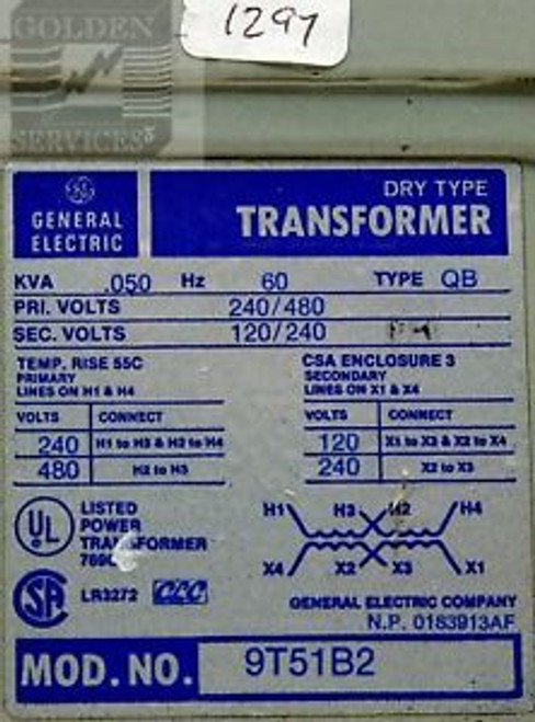 GE 9T51B2 3R Transformer 0.05 kVA 240/480: 120/240 1 PH