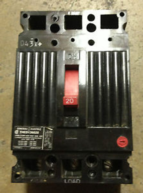 GENERAL ELECTRIC THED136020 3 POLE 20 AMP 600 VOLT BOLT IN OLDSTYLE BREAKER USED