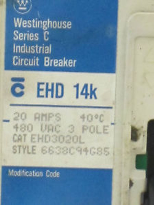 WESTINGHOUSE EHD3020L 3 Pole 20 Amp 480 Volt Circuit Breaker