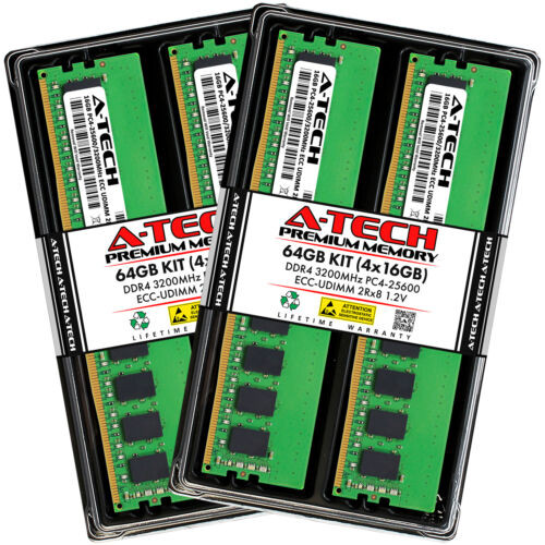 A-Tech 64Gb 4X 16Gb 2Rx8 Pc4-25600 Ddr4 3200 Mhz Ecc Unb Udimm Server Memory Ram