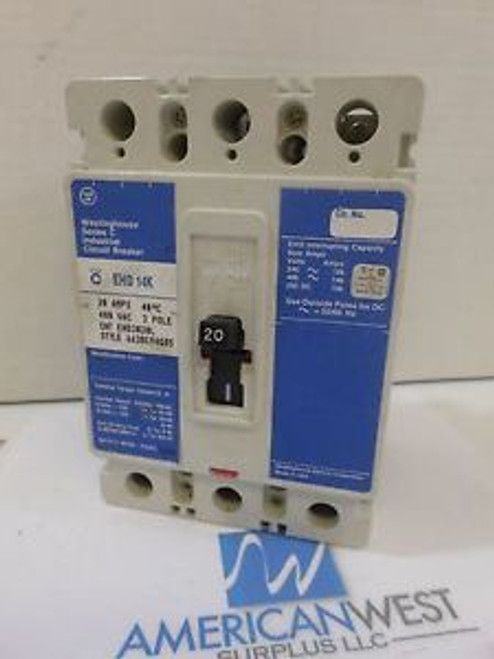 Used Westinghouse EHD3020L  3 pole 20 amp 480 volt breaker EHD 14k