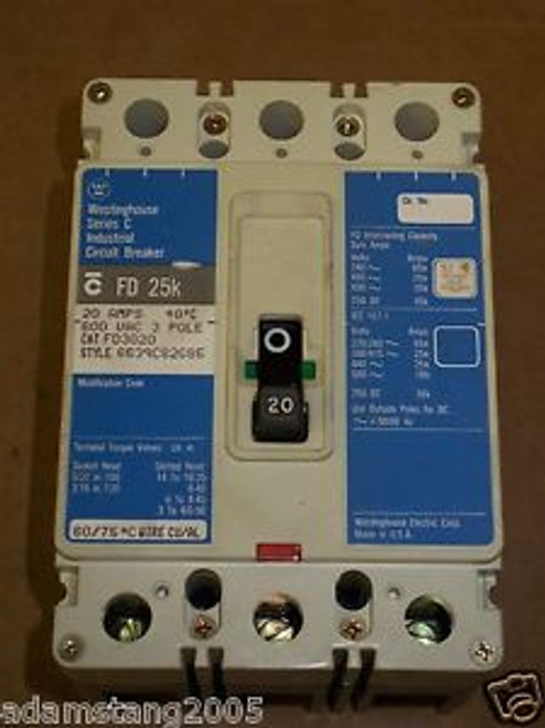 Westinghouse FD 25k 3 pole 20 amp 600v FD3020 Circuit Breaker BLUE paper