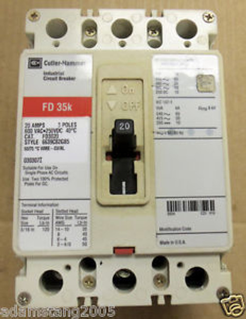 CUTLER HAMMER FD FD3020 3 POLE 20 AMP CIRCUIT BREAKER red label